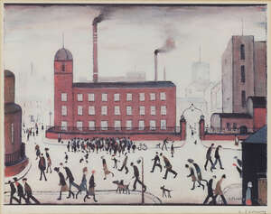 
	
		Laurence Stephen Lowry RBA RA,
		British 1887-1976-
		 
		Mill Scene;
		 
		offset...