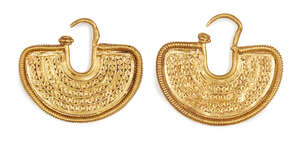 A pair of ancient gold fan-shaped earrings, the semi-circular panels with wire borders and decorated with a series of four repeating bands of fine circles, 2.5