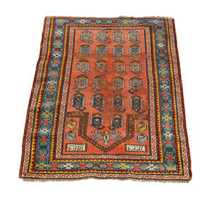 
	
		A Derbend prayer rug early 20th century, with signature panels and Botehs in a red field,...