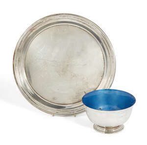 
	
		An American silver plate by Poole, stamped sterling, of stepped, circular form with...
