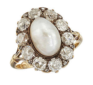 
	
		A Victorian diamond and pearl cluster ring, the central oval pearl with old-mine-cut...