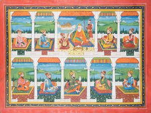 
	
		Guru Nanek and the ten Gurus, Rajasthan, late 19th century, opaque pigments on paper...