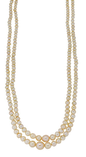 
	
		A natural pearl necklace, composed of two rows of graduated pearls, ranging from 1.9mm to...