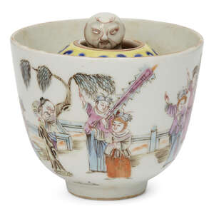 
	
		A Chinese porcelain tea bowl, 20th century, the exterior painted in famille rose enamels...