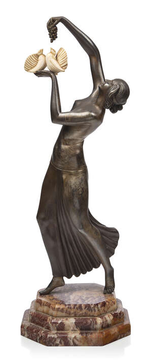 
	
		Lucille Sevin, French, born pre 1920- died c.1940, 'Young woman with doves',  an Art Deco...
