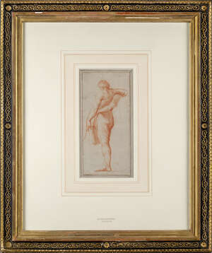 
	
		Circle of Gilles Demarteau, 
		French 1722-1776- 
		Study of a draped male nude; 
		red...