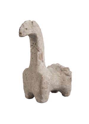 A Western Asiatic-style pottery horse, on four feet with elongated neck, carved mane, flattened back side, 19.5cm. high, 12cm. wide     
		Lord Anthony Jacobs