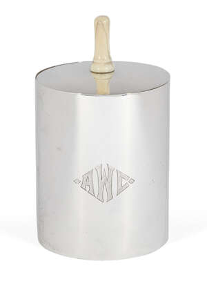 
	
		A cylindrical silver cigarette holder, stamped sterling, the lid with ivory finial...