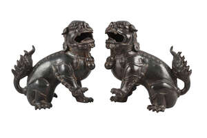 
	
		A pair of Chinese iron Buddhist lion censers, Ming dynasty, 17th century, modelled seated...