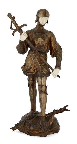 
	
		Antoine Bofill (fl.1895-1925), a gilt bronze and  ivory figure of Jeanne dArc 
		Early...