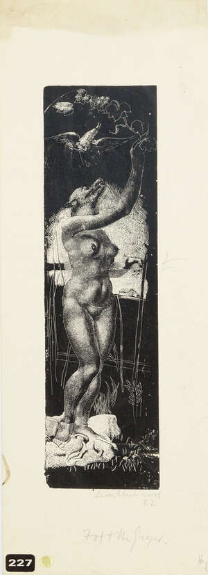 Leon Underwood, 
		British 1890-1975- 
		 
		Fox and the Grapes, 1922; 
		 
		woodcut on smooth wove, signed, titled and dated in pencil, plate 17.9 x 4