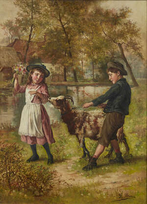 
	
		Manner of John George Brown, 
		19th century
		 
		Two children with a goat by the...