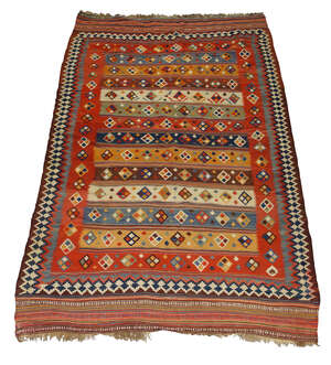 
	
		A West Persian Kelim, mid-20th century, with polychrome lozenge motifs in striped field...