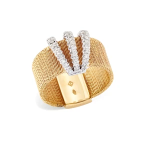 A diamond set ring, composed of three applied brilliant-cut diamond set lines, the hoop wrapped...