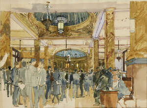 
	
		Ken Howard OBE RA,
		British b.1932- 
		 
		Baltic Exchange, 1982; 
		 
		watercolour...