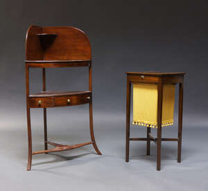 
	
		An Edwardian work box, the square hinged lid enclosing storage space, above sling fabric...