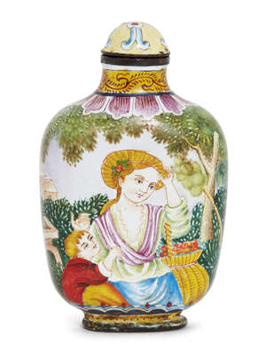 
	
		A Chinese 'European subject' painted enamel snuff bottle, early 20th century, decorated...