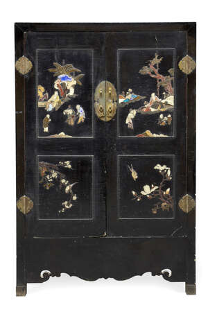 
	
		A pair of Chinese black lacquer and inlaid cabinets, late Qing dynasty, each door set...