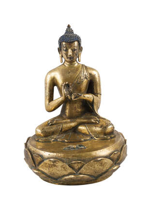 
	
		A gilt bronze figure of Amitabha Buddha, 18th century, seated on a circular lotus throne...