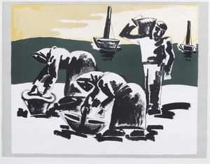 Josef Herman OBE RA,&nbsp;Polish/British 1911-2000;&nbsp;Cockle Gatherers, 1974;&nbsp;lithograph in colours on wove,&nbsp;