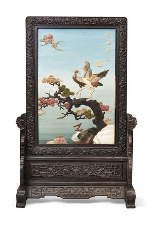 
	
		A Chinese lacquered and inlaid hardwood table screen, 20th century, applied to one side...