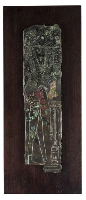 An Egyptian bronze plaque for Amenirdis I, Late Dynastic Period, 25th Dynasty. Reign of Shabako -Shebitku, c.714-700 BC., 28 x 7.3 cm 
		 
		Provenance: Fou