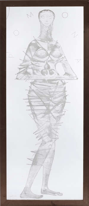 
	
		John Hutton (1906-1978), a full length engraved figurative glass window
		Pomona, 1961,...