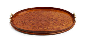 
	
		A George III satinwood oval inlaid tea tray, decorated overall with scrolling foliage,...