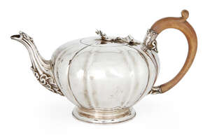 
	
		A George IV silver teapot, London, 1821, Sebastian Crespel II, of circular, fluted form...