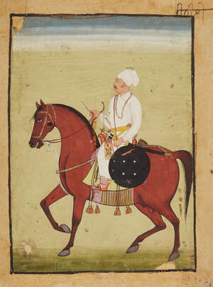 
	
		An equestrian portrait of the Maharaja of Jodhpur, Marwar, India, circa 1740, opaque...