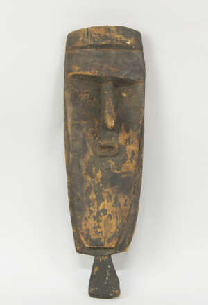 
	
		A Tribal hardwood mask, of elongated rectangular design, with curved brow and elongated...