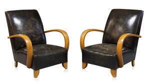 
	
		French Art Deco, a pair of leather upholstered and beech armchairs 
		c.1930's 
		