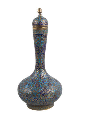 
	
		A Kashmiri enamelled gilt lidded vase, India, 19th century, of bottle shaped form with...