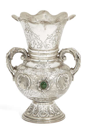 
	
		A Continental twin-handled silver vase, stamped 900, the bulbous body raised on an...