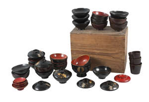 
	
		A large collection of Japanese lacquered bowls, covers and stands, 20th century, painted...