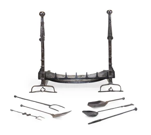 A pair of large steel andirons, 20th century, with knop finials, 106.5cm high, 76cm deep; together with a fire-grate, 104cm wide; a large cast-iron fireback, 1