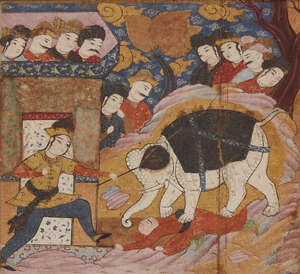 
	
		An illustration to a Shahnameh, circa 1600, gouache on paper heightened with gold,...