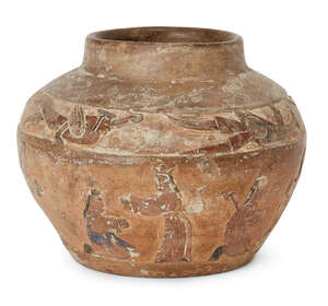 
	
		A Chinese pottery Han-style jar, 20th century, carved with a frieze of mythical beasts...