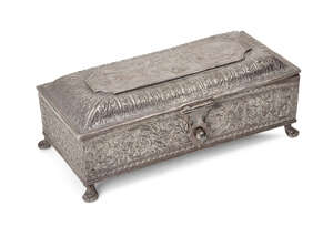 
	
		A silver lidded box with inscription, Kutch, India, 19th century, on four raised feet,...