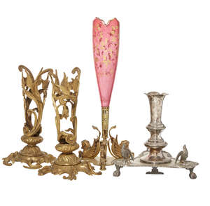 
	
		A ruby and gilt glass single trumpet flower vase, late 19th/early 20th century, with a...