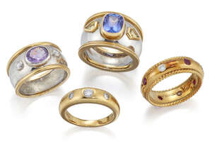 
	
		Theo Fennell, four rings, comprising: a diamond and ruby set band ring; an oval...