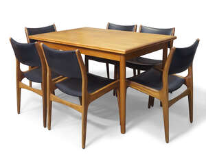 
	
		Manner of Erik Buck, 
		 
		Set of six dining chairs, together with an extending dining...