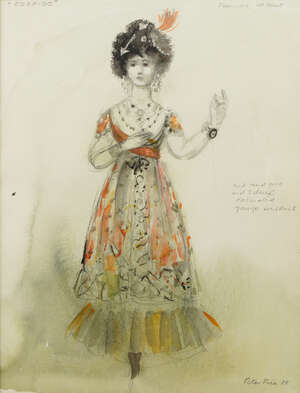 
	
		Peter Rice, British, 1928-2015) a costume design for Rodrigo at Court, signed and dated,...