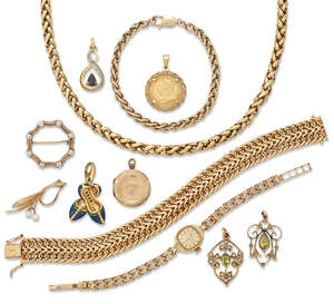 
	
		A collection of jewellery, comprising: two necklaces; two bracelets; four pendants; two...