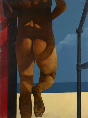 
	
		Mike Francis, 
		British b. 1939 - 
		 
		Early Streaker, Beach series; 
		 
		oil...