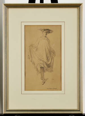 Sir William Rothenstein NEAC RP, 
		British 1872-1945- 
		 
		Lady holding the hem of her dress, 1894; 
		 
		lithograph on beige laid paper, signed and