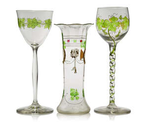 
	
		Theresienthal, two enamelled wine glasses
		c.1900
		Each clear glass bowl painted in...