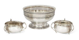 
	
		A German silver pedestal fruit bowl with glass liner, base stamped 800, the stand...