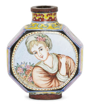
	
		A Chinese 'European subject' octagonal painted enamel snuff bottle, late 19th century, 