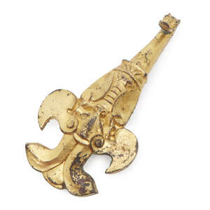 
	
		A Chinese gilt-bronze belt hook, Eastern Zhou, finely cast to the broad end with a cicada...